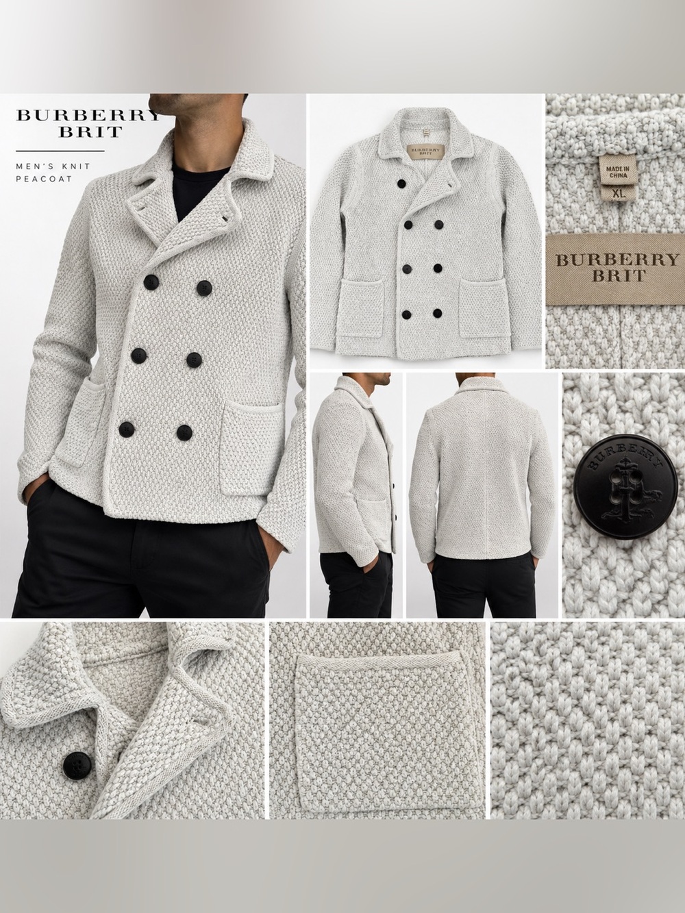 Burberry Brit Men’s XL Cotton Knit Double-Breasted Peacoat Cardigan Ivory